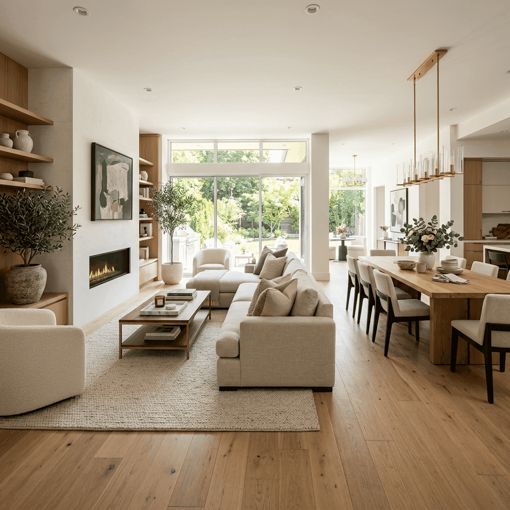 Open-concept living room with wide-plank oak floors.