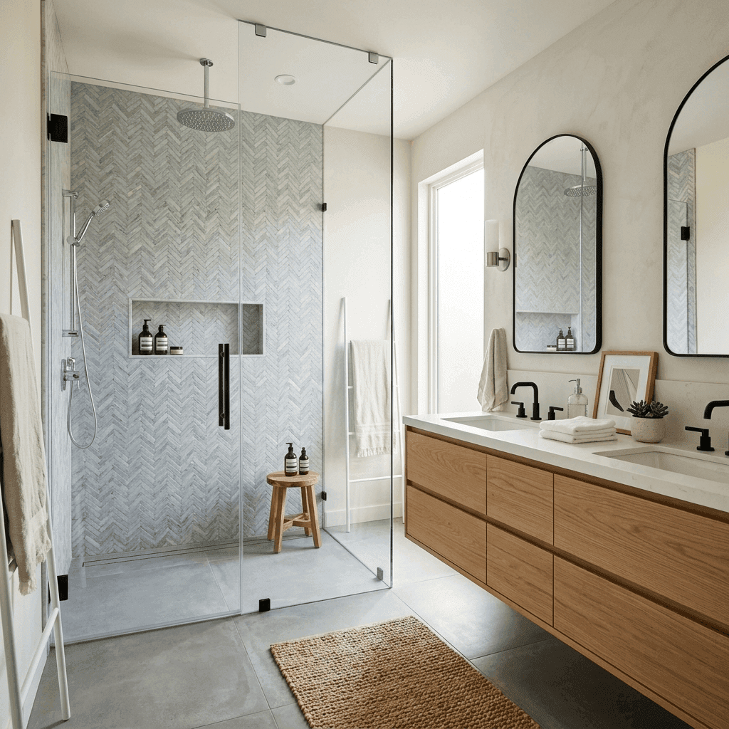 Luxurious bathroom walk-in shower with herringbone tiles.