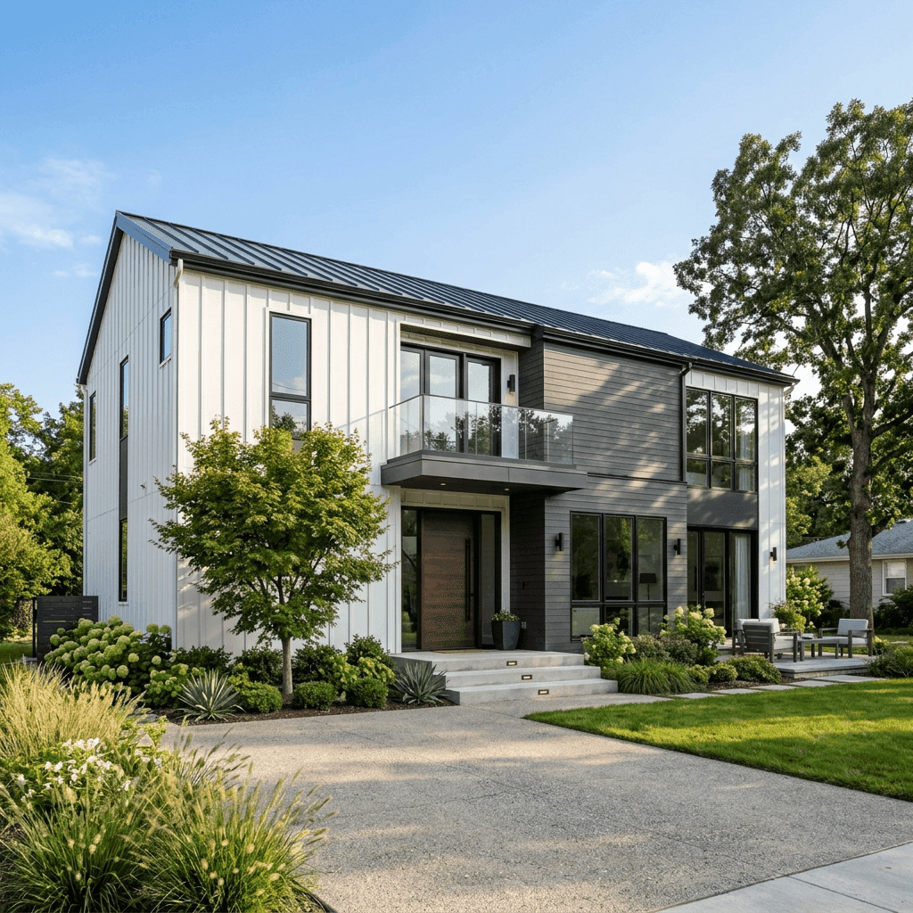 Modern white vertical board and batten home exterior.