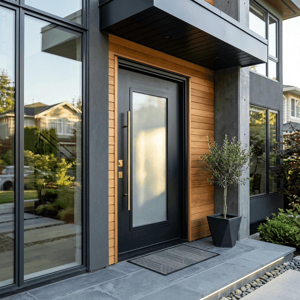 Custom matte black front entry door with brass hardware.