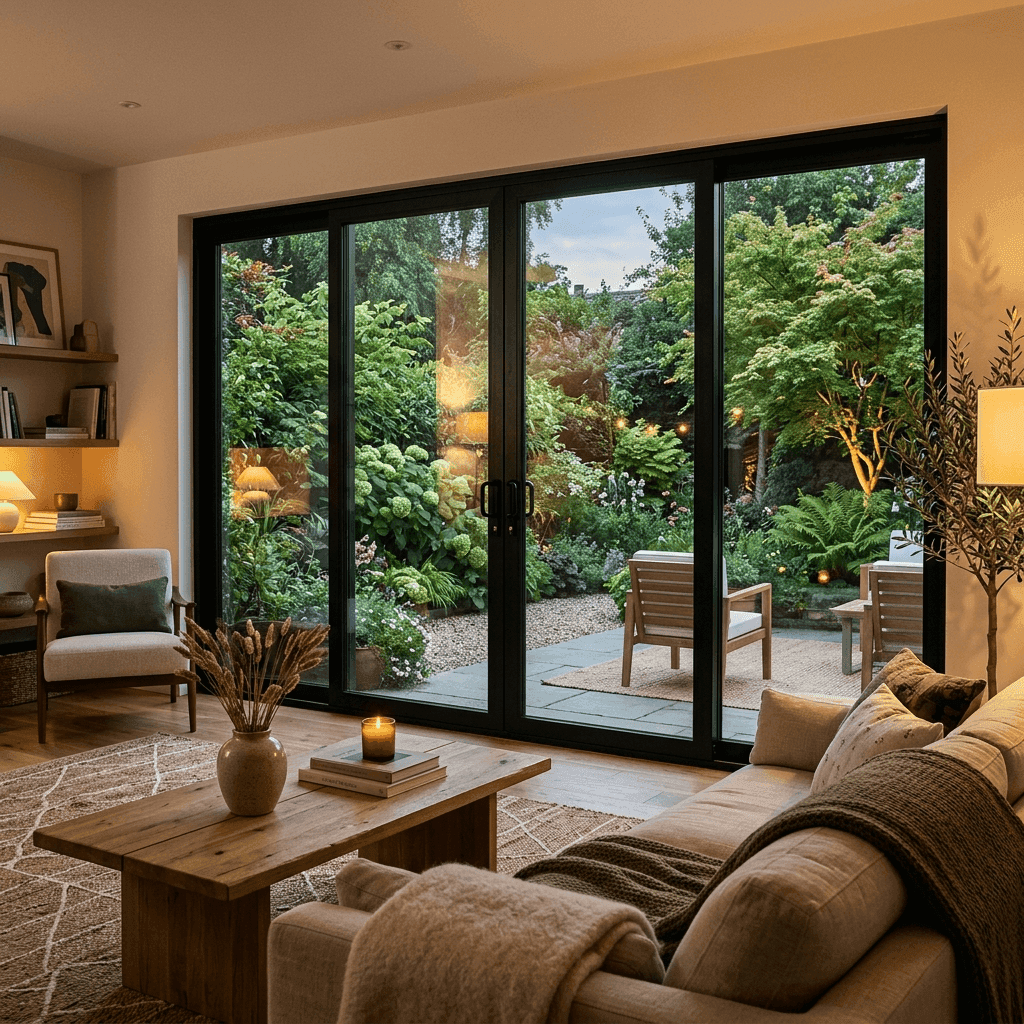 Cozy living room view with large insulated sliding glass.